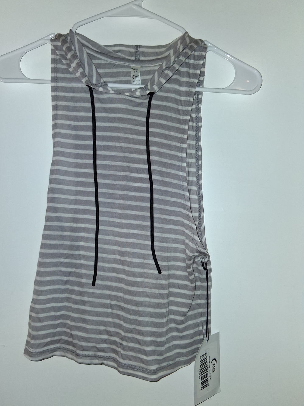 ZYIA Gray & White Striped Sleeveless Hooded Muscle Tee